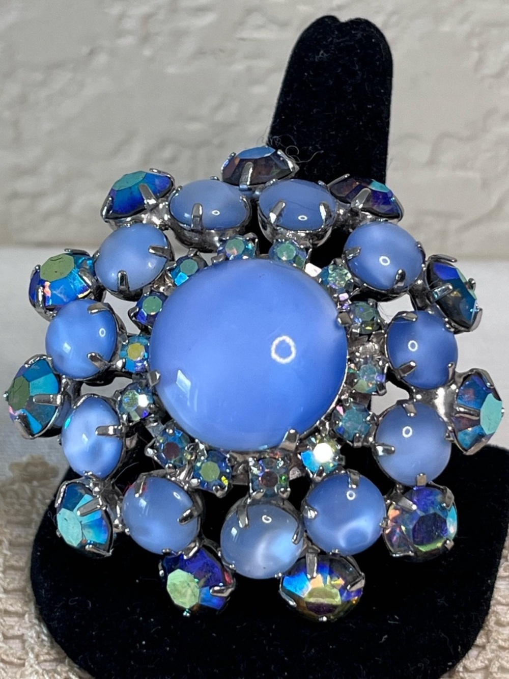Vintage Blue Moonglow Glass AB Rhinestone Brooch Silver Tone MCM